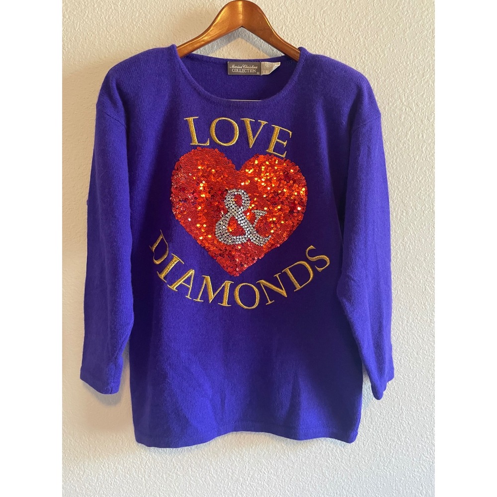 Marisa Christina Purple Angora Wool Sequin Heart Love & Diamonds Sweater Size M